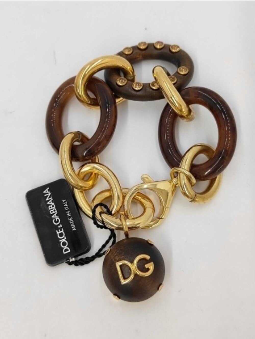 Dolce & Gabbana Tortoishell Resin And Wood Link Chain Bracelet Size 16cm